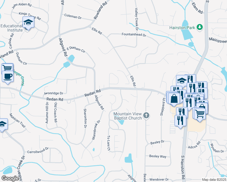 map of restaurants, bars, coffee shops, grocery stores, and more near 1074 Cherokee Heights Road in Stone Mountain