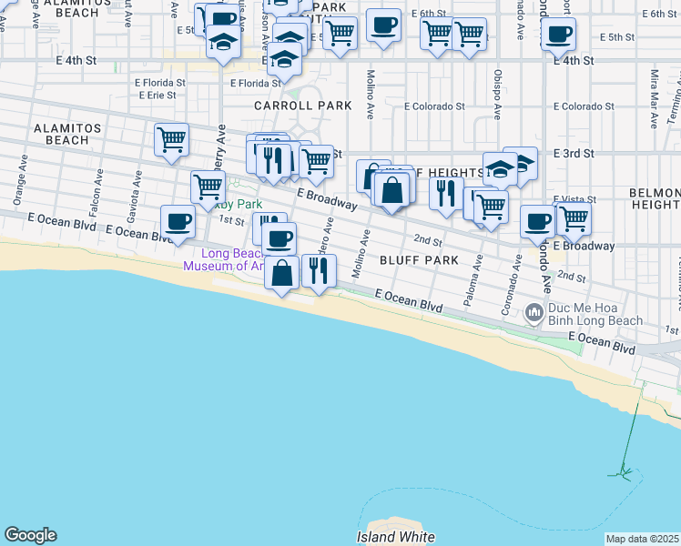 map of restaurants, bars, coffee shops, grocery stores, and more near 2525 East Ocean Boulevard in Long Beach