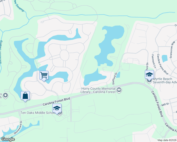 map of restaurants, bars, coffee shops, grocery stores, and more near Fiddlehead Way in Myrtle Beach