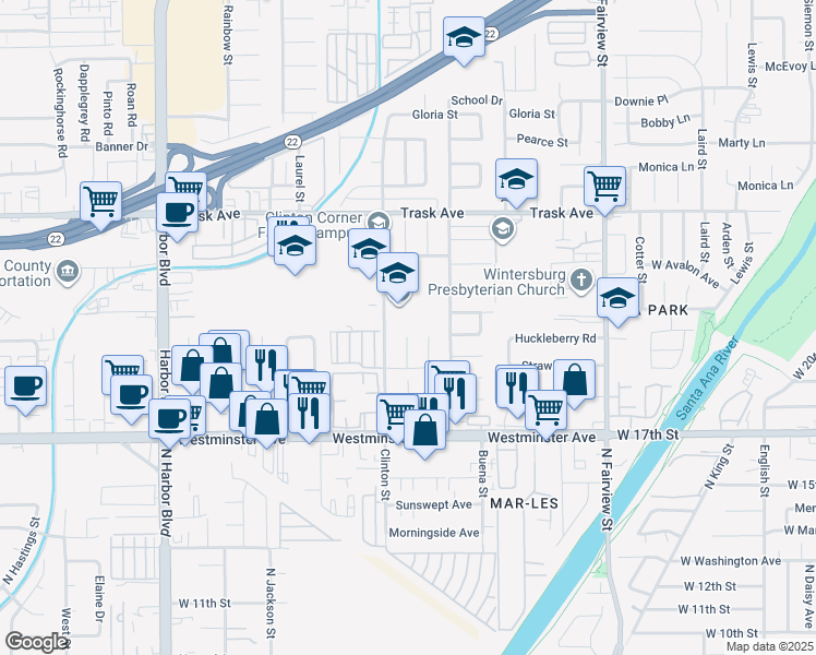 map of restaurants, bars, coffee shops, grocery stores, and more near 13755 Bordeaux Street in Garden Grove