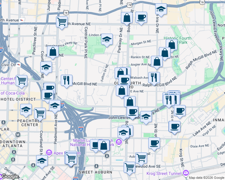 map of restaurants, bars, coffee shops, grocery stores, and more near 320 Parkway Drive Northeast in Atlanta
