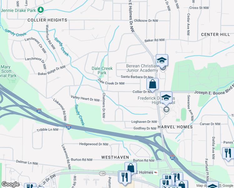 map of restaurants, bars, coffee shops, grocery stores, and more near 2684 Collier Drive Northwest in Atlanta