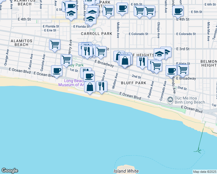 map of restaurants, bars, coffee shops, grocery stores, and more near 2601 East Ocean Boulevard in Long Beach