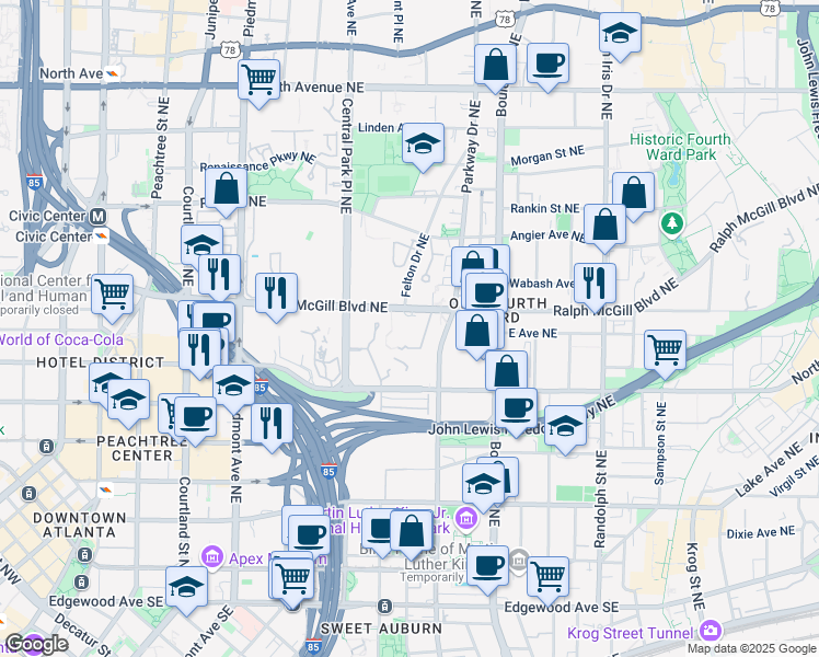 map of restaurants, bars, coffee shops, grocery stores, and more near 387 Ralph McGill Boulevard Northeast in Atlanta