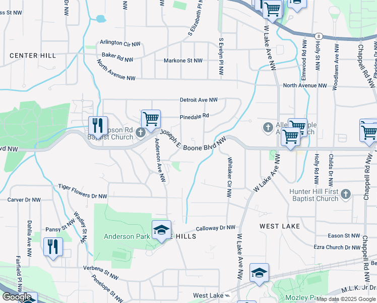 map of restaurants, bars, coffee shops, grocery stores, and more near 1876 Joseph E. Boone Boulevard Northwest in Atlanta
