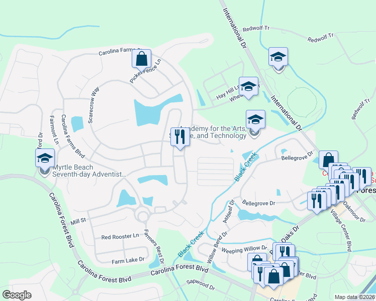 map of restaurants, bars, coffee shops, grocery stores, and more near 284 Carolina Farms Boulevard in Myrtle Beach