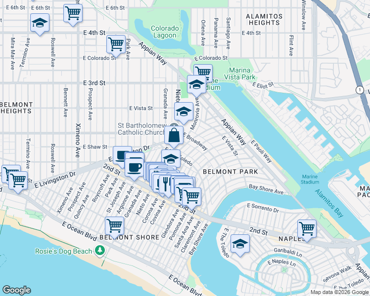 map of restaurants, bars, coffee shops, grocery stores, and more near 266 Corona Avenue in Long Beach