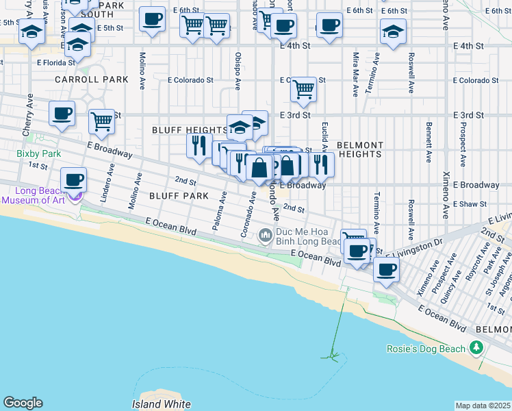 map of restaurants, bars, coffee shops, grocery stores, and more near 116 Coronado Avenue in Long Beach