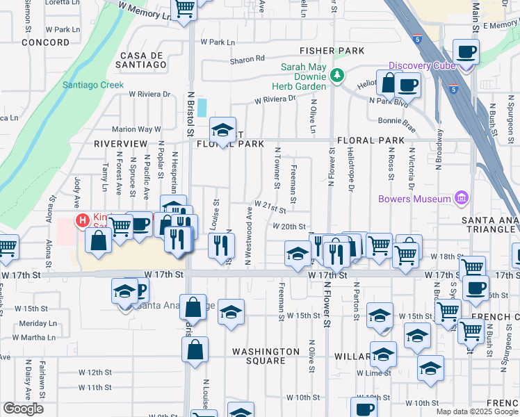 map of restaurants, bars, coffee shops, grocery stores, and more near 1116 West 21st Street in Santa Ana