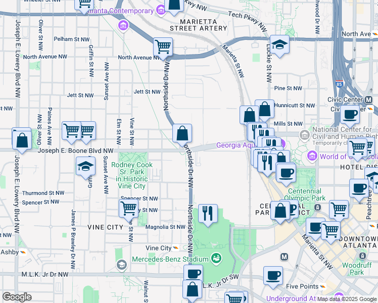 map of restaurants, bars, coffee shops, grocery stores, and more near Northside Dr NW & Ivan Allen Jr Blvd in Atlanta