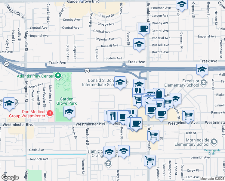 map of restaurants, bars, coffee shops, grocery stores, and more near 9702 Woodbury Avenue in Garden Grove
