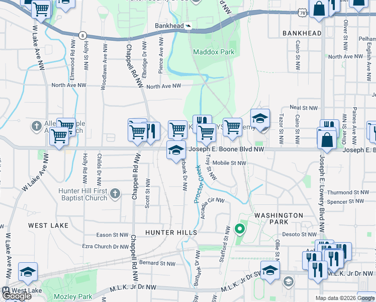 map of restaurants, bars, coffee shops, grocery stores, and more near 1266 Joseph E. Boone Boulevard Northwest in Atlanta