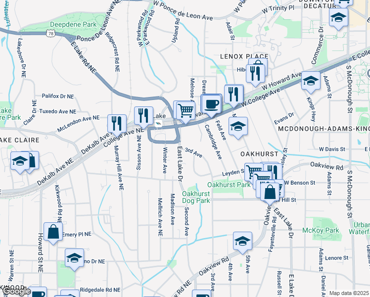 map of restaurants, bars, coffee shops, grocery stores, and more near 100 3rd Avenue in Decatur