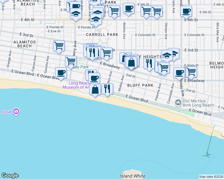 map of restaurants, bars, coffee shops, grocery stores, and more near 2525 East Ocean Boulevard in Long Beach
