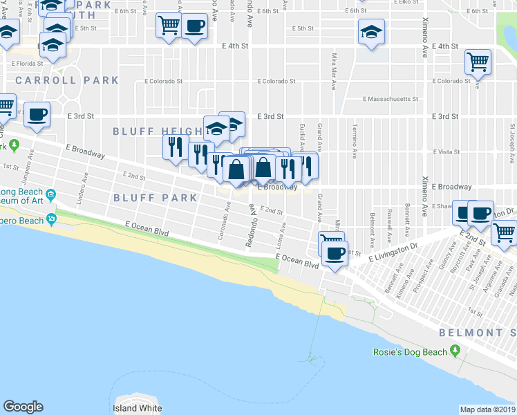 map of restaurants, bars, coffee shops, grocery stores, and more near 366 North Redondo Avenue in Long Beach