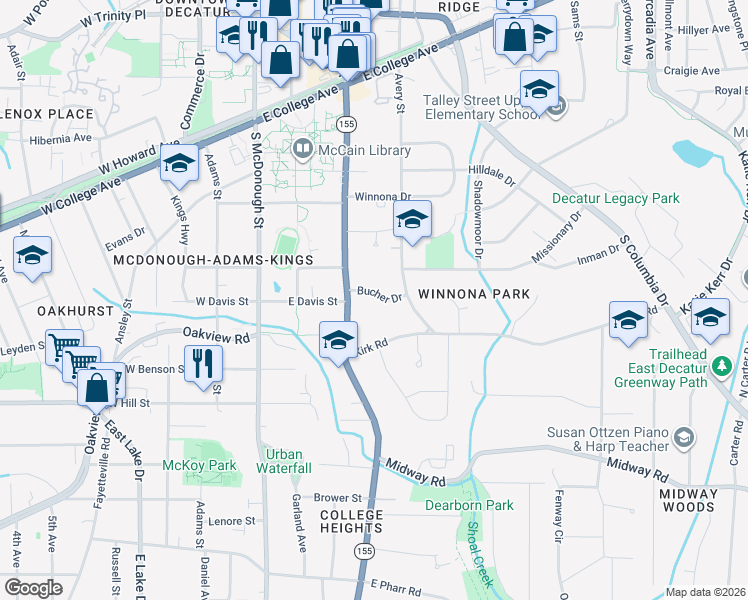 map of restaurants, bars, coffee shops, grocery stores, and more near 144 Bucher Drive in Decatur