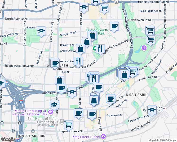 map of restaurants, bars, coffee shops, grocery stores, and more near 640 East Avenue Northeast in Atlanta