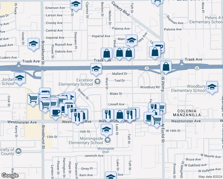 map of restaurants, bars, coffee shops, grocery stores, and more near 10572 Woodbury Road in Garden Grove