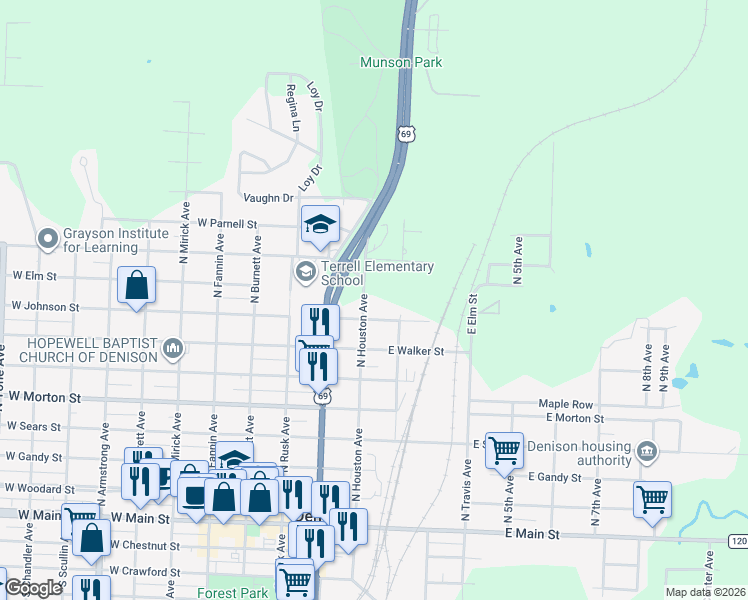 map of restaurants, bars, coffee shops, grocery stores, and more near 814 North Houston Avenue in Denison