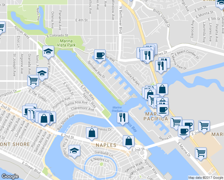 map of restaurants, bars, coffee shops, grocery stores, and more near 5824 Spinnaker Bay Drive in Long Beach