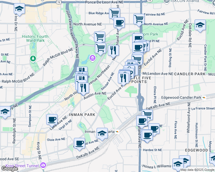 map of restaurants, bars, coffee shops, grocery stores, and more near 339 Sinclair Avenue Northeast in Atlanta