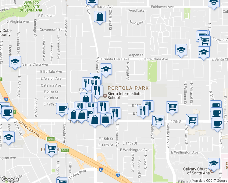 map of restaurants, bars, coffee shops, grocery stores, and more near 2026 North Linwood Avenue in Santa Ana