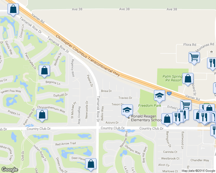 map of restaurants, bars, coffee shops, grocery stores, and more near 113 Francesca Court in Palm Desert