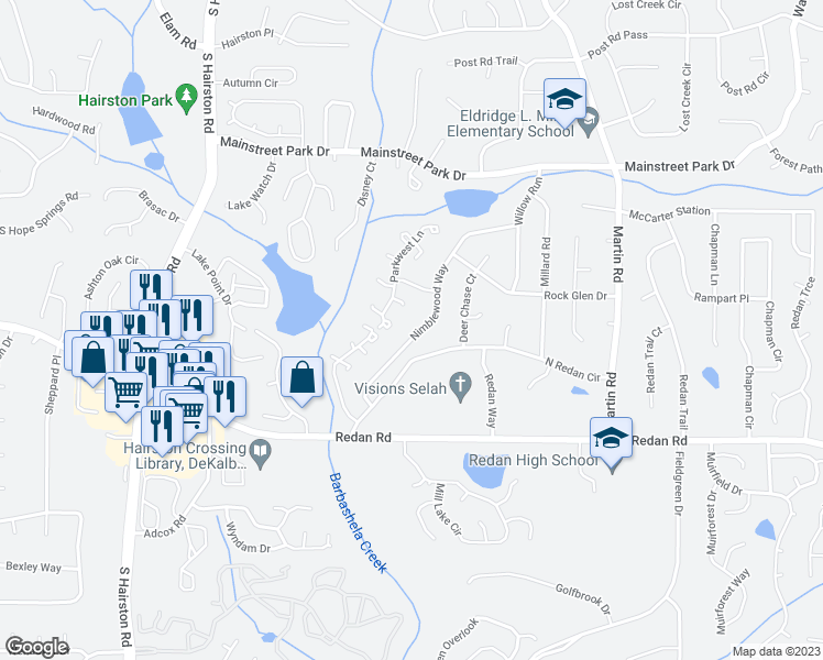 map of restaurants, bars, coffee shops, grocery stores, and more near 1072 Nimblewood Way in Stone Mountain