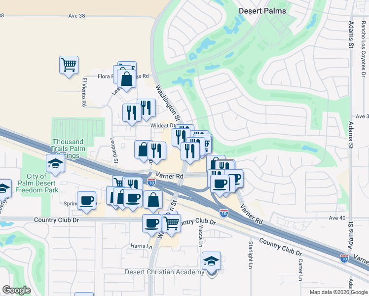 map of restaurants, bars, coffee shops, grocery stores, and more near 39355 Washington Street in Palm Desert