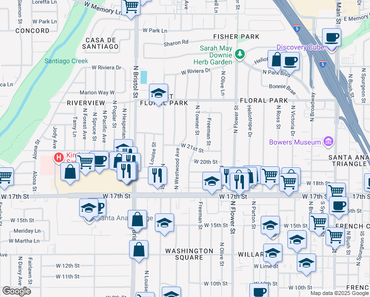 map of restaurants, bars, coffee shops, grocery stores, and more near 1116 West 21st Street in Santa Ana