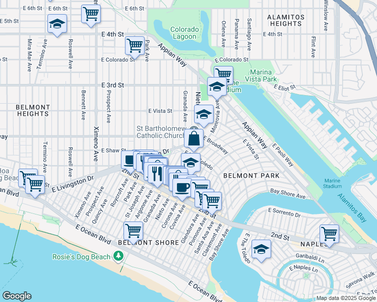 map of restaurants, bars, coffee shops, grocery stores, and more near 5101 East The Toledo in Long Beach