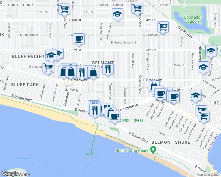map of restaurants, bars, coffee shops, grocery stores, and more near 215 Termino Avenue in Long Beach