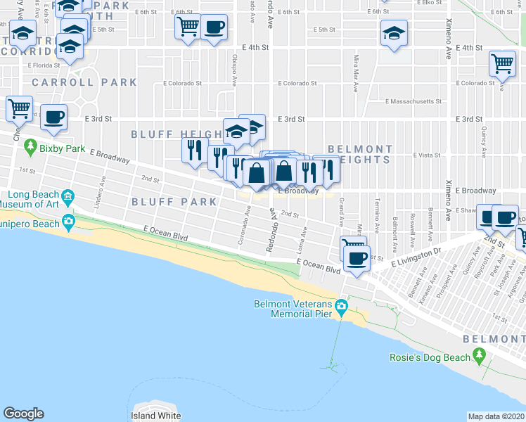 map of restaurants, bars, coffee shops, grocery stores, and more near 3300 2nd Street in Long Beach