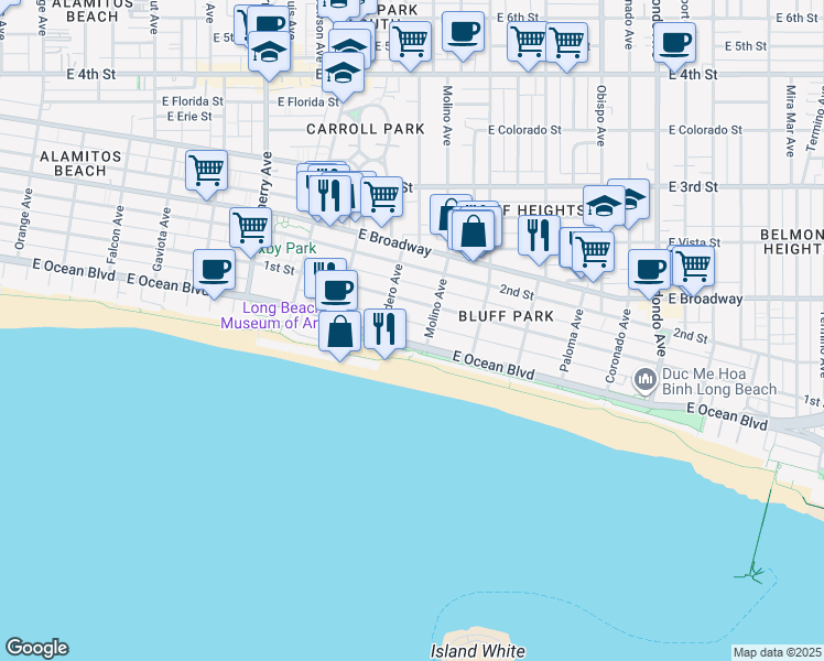 map of restaurants, bars, coffee shops, grocery stores, and more near in Long Beach