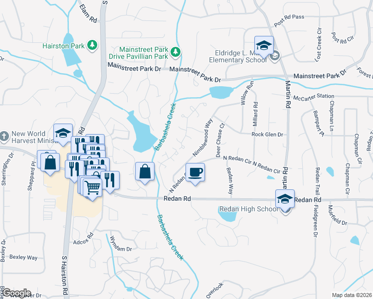 map of restaurants, bars, coffee shops, grocery stores, and more near 1065 Parkwest Court in Stone Mountain