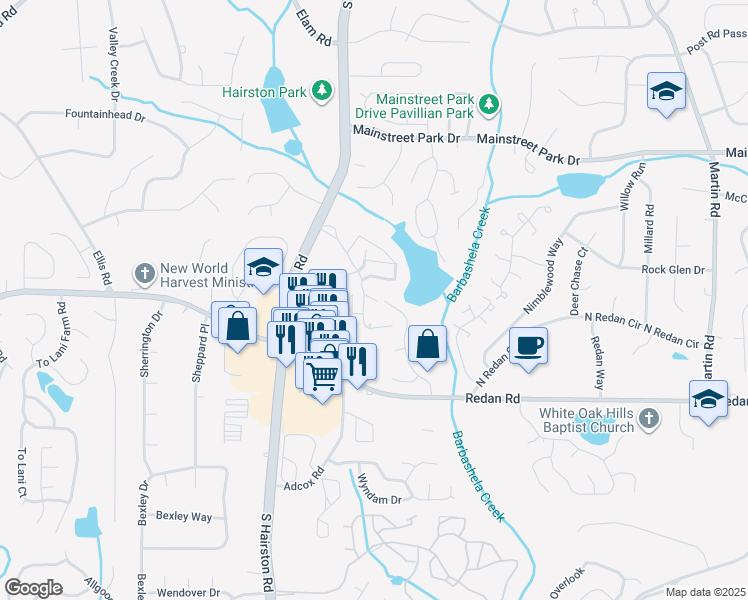 map of restaurants, bars, coffee shops, grocery stores, and more near 1057 Mainstreet Valley Drive in Stone Mountain
