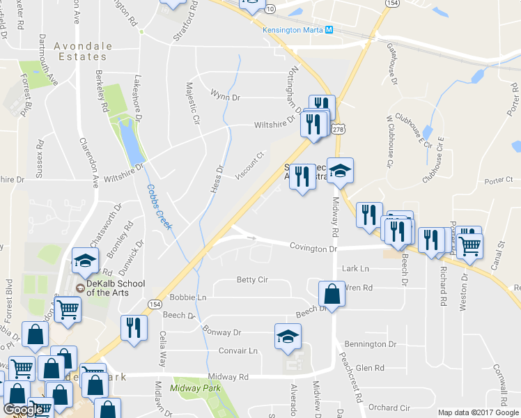 map of restaurants, bars, coffee shops, grocery stores, and more near 1100 North Village Drive in Decatur