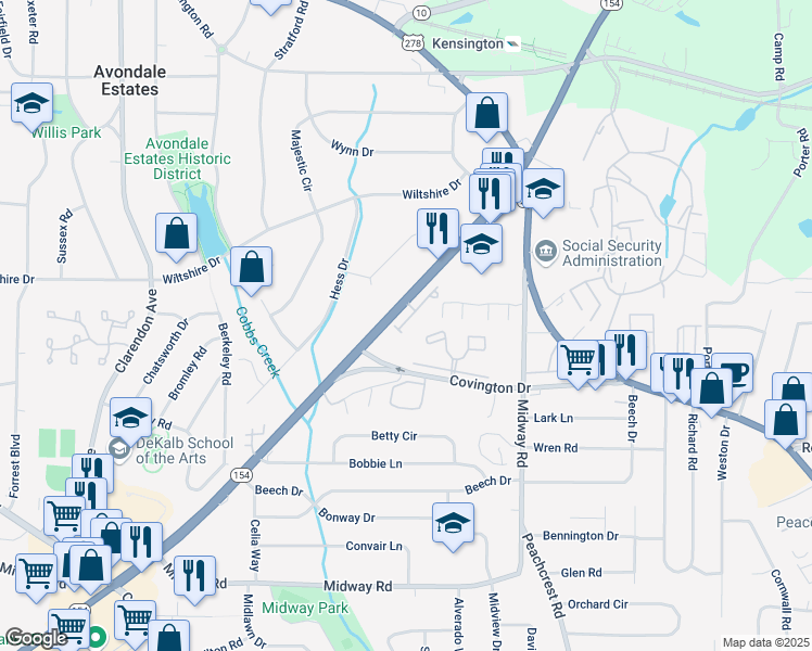 map of restaurants, bars, coffee shops, grocery stores, and more near 1094 North Village Drive in Decatur
