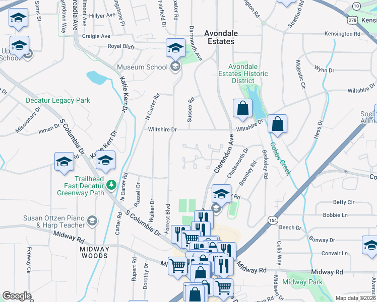 map of restaurants, bars, coffee shops, grocery stores, and more near 86 Devon Lane in Avondale Estates