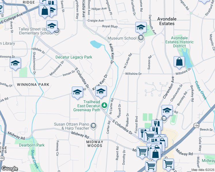 map of restaurants, bars, coffee shops, grocery stores, and more near 1104 Ashbury Drive in Decatur