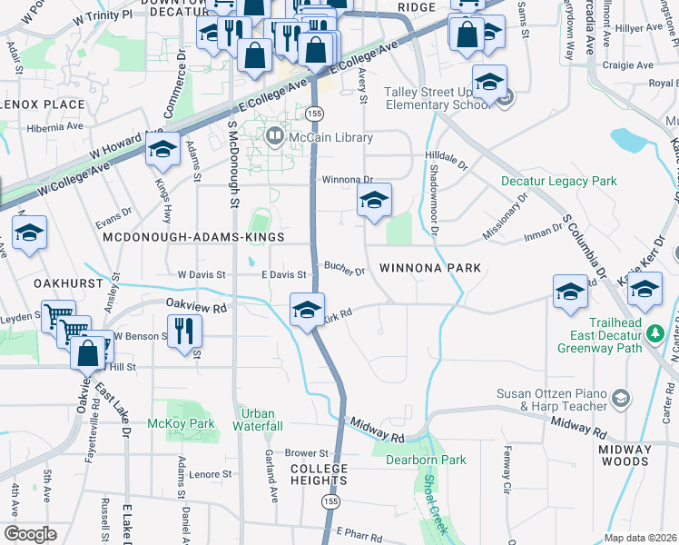 map of restaurants, bars, coffee shops, grocery stores, and more near 144 Bucher Drive in Decatur