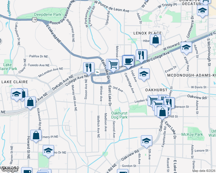 map of restaurants, bars, coffee shops, grocery stores, and more near 124 Park Place in Decatur