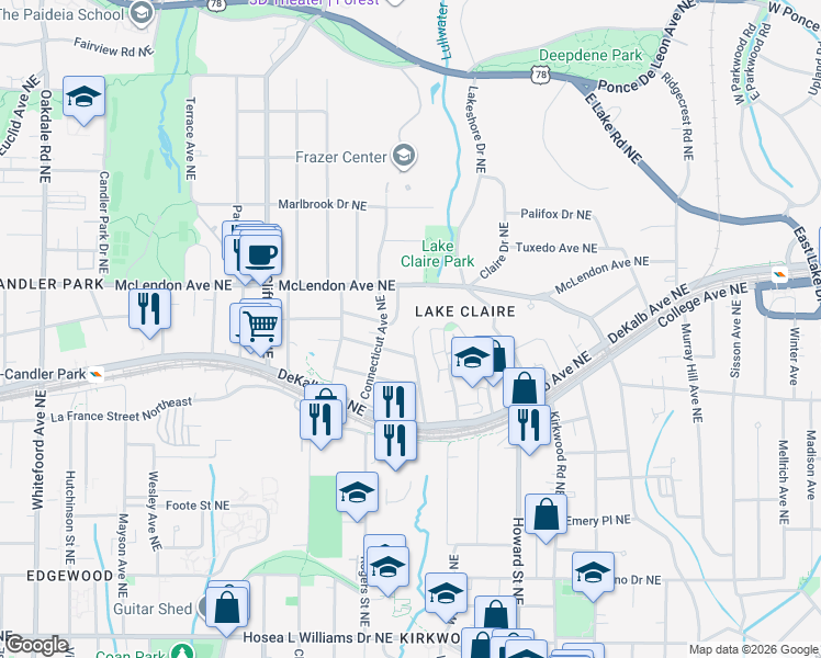 map of restaurants, bars, coffee shops, grocery stores, and more near 352 Mathews Avenue Northeast in Atlanta