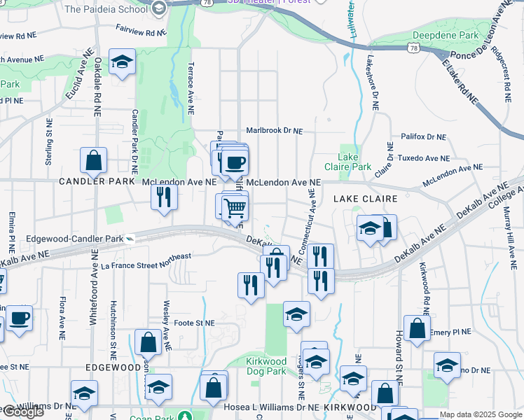 map of restaurants, bars, coffee shops, grocery stores, and more near 1709 Adolphus Street Northeast in Atlanta