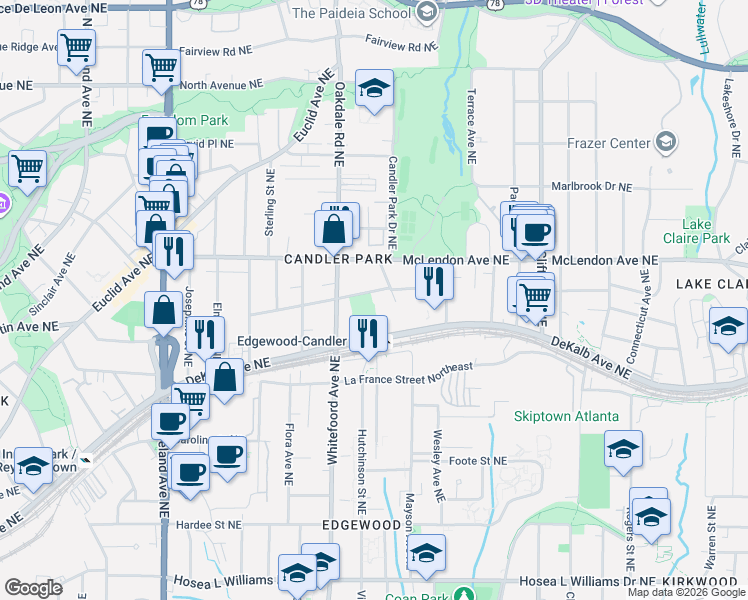 map of restaurants, bars, coffee shops, grocery stores, and more near 1429 Iverson Street Northeast in Atlanta