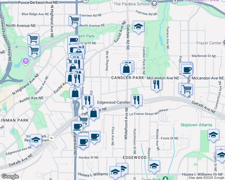 map of restaurants, bars, coffee shops, grocery stores, and more near 1342 Iverson Street Northeast in Atlanta