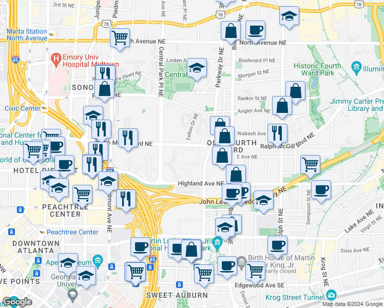 map of restaurants, bars, coffee shops, grocery stores, and more near 381c Ralph McGill Boulevard Northeast in Atlanta