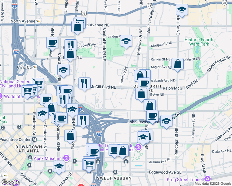 map of restaurants, bars, coffee shops, grocery stores, and more near 301 McGill Park Avenue Northeast in Atlanta