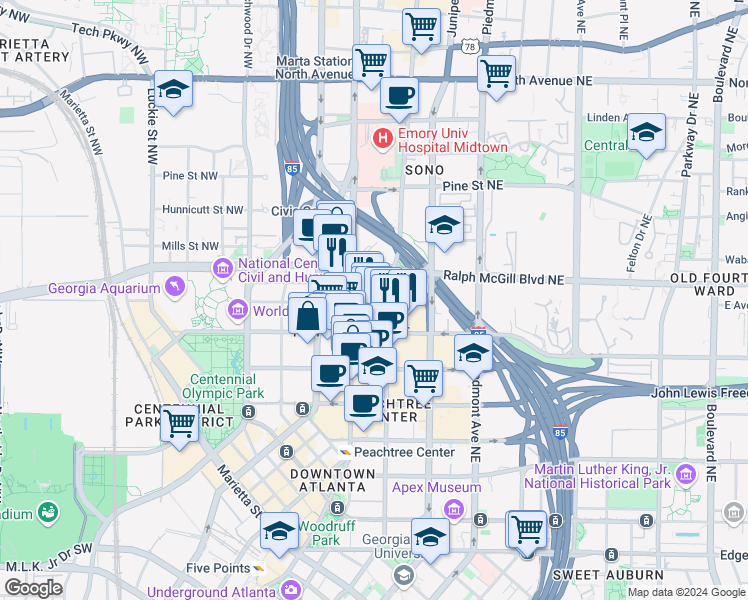map of restaurants, bars, coffee shops, grocery stores, and more near 330 Peachtree Street Northeast in Atlanta