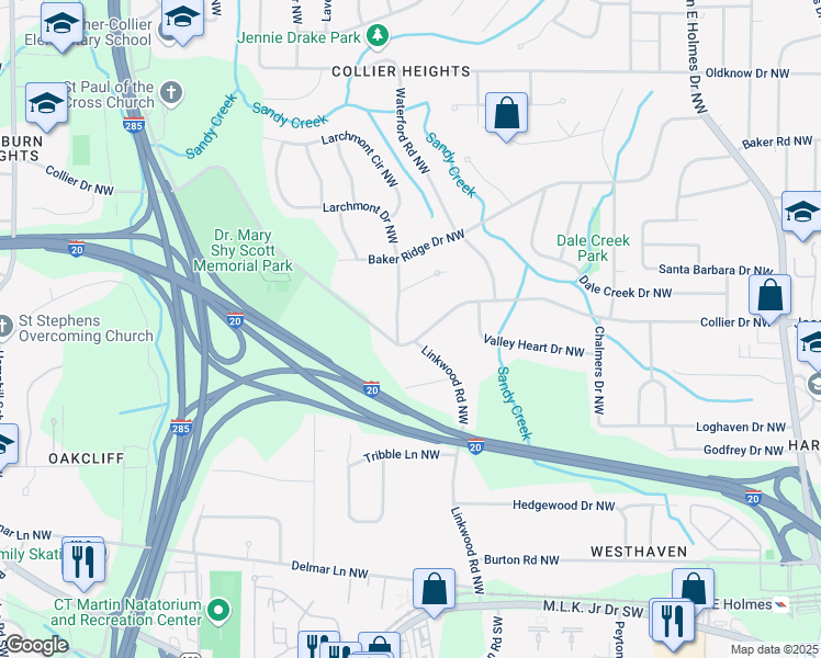 map of restaurants, bars, coffee shops, grocery stores, and more near 2973 Collier Drive Northwest in Atlanta